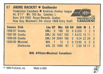1990-91 ProCards AHL/IHL #67 Andre Racicot Back