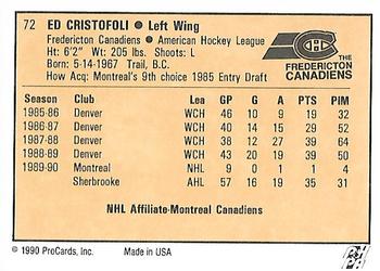 1990-91 ProCards AHL/IHL #72 Ed Cristofoli Back