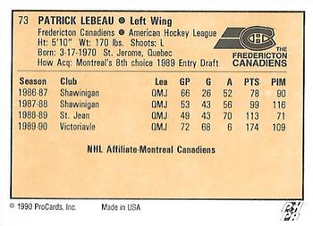 1990-91 ProCards AHL/IHL #73 Patrick Lebeau Back