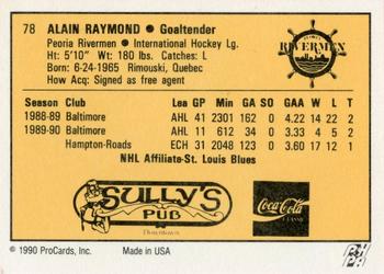1990-91 ProCards AHL/IHL #78 Alain Raymond Back