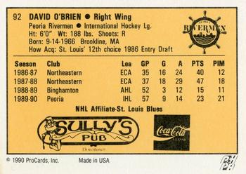 1990-91 ProCards AHL/IHL #92 David O'Brien Back