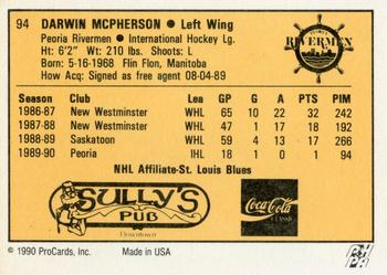 1990-91 ProCards AHL/IHL #94 Darwin McPherson Back