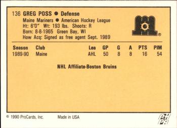 1990-91 ProCards AHL/IHL #136 Greg Poss Back