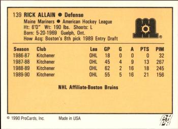 1990-91 ProCards AHL/IHL #139 Rick Allain Back