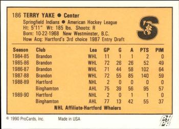 1990-91 ProCards AHL/IHL #186 Terry Yake Back