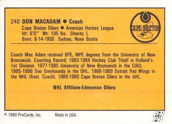 1990-91 ProCards AHL/IHL #240 Don MacAdam Back