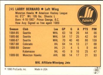1990-91 ProCards AHL/IHL #245 Larry Bernard Back