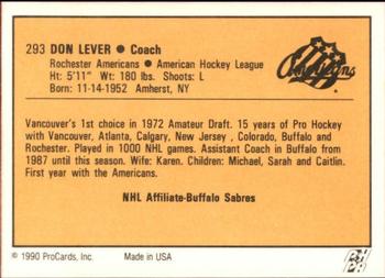 1990-91 ProCards AHL/IHL #293 Don Lever Back