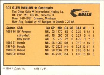 1990-91 ProCards AHL/IHL #305 Glen Hanlon Back