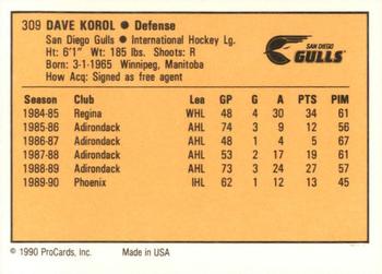 1990-91 ProCards AHL/IHL #309 Dave Korol Back
