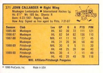 1990-91 ProCards AHL/IHL #371 Jock Callander Back