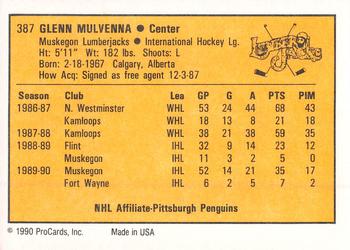 1990-91 ProCards AHL/IHL #387 Glenn Mulvenna Back