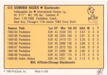 1990-91 ProCards AHL/IHL #409 Dominik Hasek Back