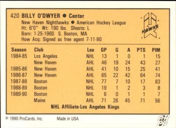1990-91 ProCards AHL/IHL #420 Billy O'Dwyer Back
