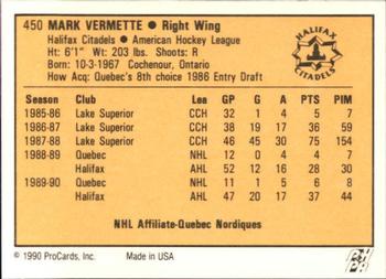 1990-91 ProCards AHL/IHL #450 Mark Vermette Back