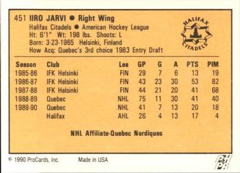 1990-91 ProCards AHL/IHL #451 Iiro Jarvi Back