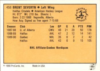 1990-91 ProCards AHL/IHL #456 Brent Severyn Back