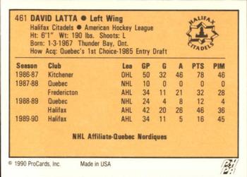1990-91 ProCards AHL/IHL #461 David Latta Back
