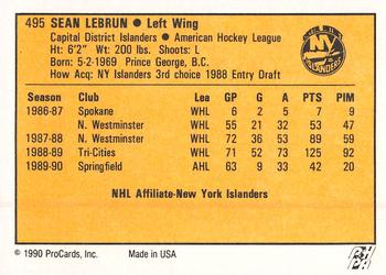 1990-91 ProCards AHL/IHL #495 Sean LeBrun Back