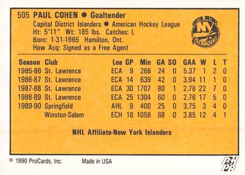 1990-91 ProCards AHL/IHL #505 Paul Cohen Back