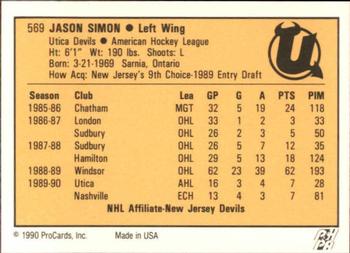 1990-91 ProCards AHL/IHL #569 Jason Simon Back