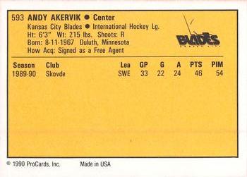 1990-91 ProCards AHL/IHL #593 Andy Akervik Back