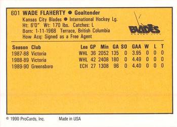 1990-91 ProCards AHL/IHL #601 Wade Flaherty Back