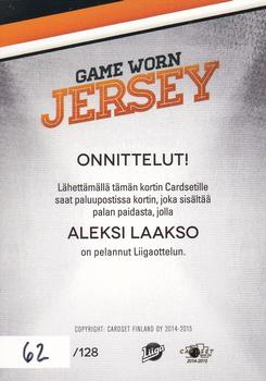 2014-15 Cardset Finland - Game Worn Jersey Series 1 Exchange #NNO Aleksi Laakso Back