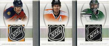 2013-14 Panini National Treasures - Jumbo Triple Patches Booklet NHL Shield #7 Aleksander Barkov / Kari Lehtonen / Kimmo Timonen Front