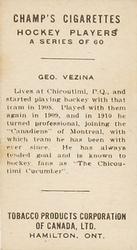 1924-25 Champ's Cigarettes (C144) #NNO Geo Vezina Back