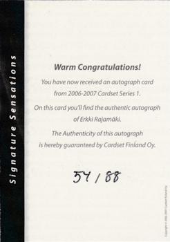 2006-07 Cardset Finland - Signature Sensations #NNO Erkki Rajamäki Back
