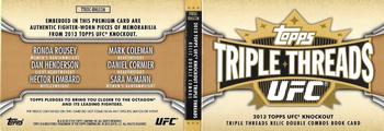 2013 Topps UFC Knockout - Triple Threads Relics Double Combos Sepia #TTRDC-RHLCCM Daniel Cormier / Hector Lombard / Sara McMann / Mark Coleman /  Ronda Rousey / Dan Henderson Back