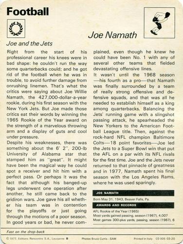 1977-79 Sportscaster Series 3 #03-20 Joe Namath Back