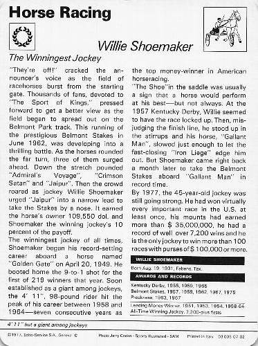 1977-79 Sportscaster Series 7 #07-02 Willie Shoemaker Back