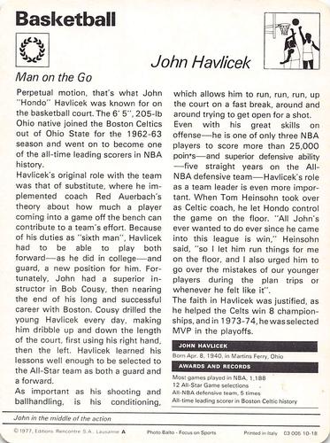 1977-79 Sportscaster Series 10 #10-18 John Havlicek Back