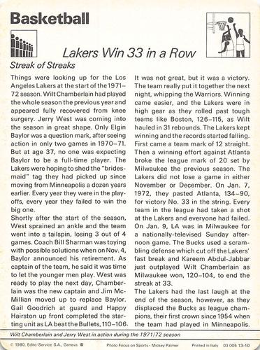 1977-79 Sportscaster Series 13 #13-10 Lakers Win 33 in a Row Back