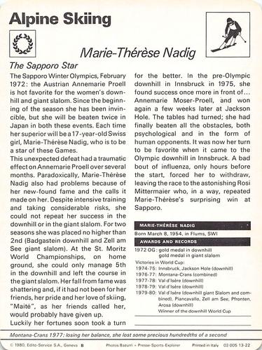 1977-79 Sportscaster Series 13 #13-22 Marie-Therese Nadig Back