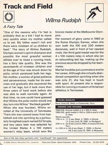 1977-79 Sportscaster Series 18 #18-02 Wilma Rudolph Back