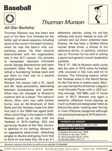 1977-79 Sportscaster Series 20 #20-05 Thurman Munson Back