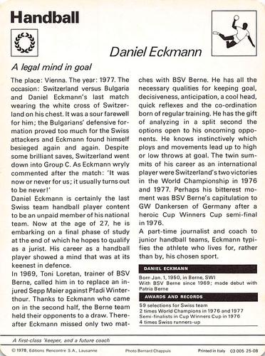 1977-79 Sportscaster Series 25 #25-08 Daniel Eckmann Back