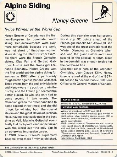 1977-79 Sportscaster Series 28 #28-18 Nancy Greene Back