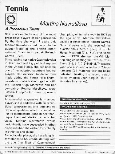 1977-79 Sportscaster Series 34 #34-21 Martina Navratilova Back