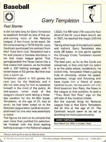 1977-79 Sportscaster Series 40 #40-01 Garry Templeton Back