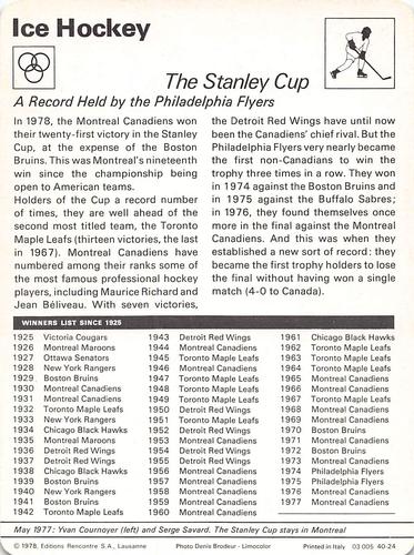 1977-79 Sportscaster Series 40 #40-24 The Stanley Cup Back