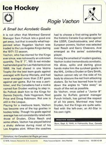 1977-79 Sportscaster Series 43 #43-06 Rogie Vachon Back