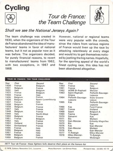 1977-79 Sportscaster Series 43 #43-16 Tour de France: the Team Challenge Back