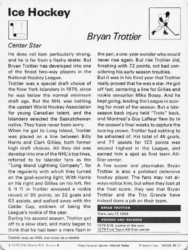 1977-79 Sportscaster Series 46 #46-21 Bryan Trottier Back