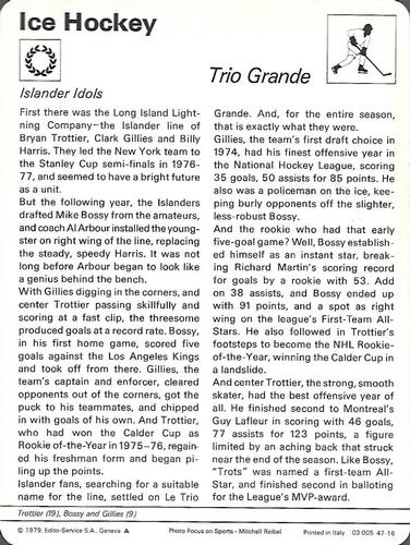 1977-79 Sportscaster Series 47 #47-16 Bryan Trottier / Mike Bossy / Clark Gillies Back