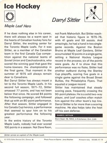 1977-79 Sportscaster Series 47 #47-18 Darryl Sittler Back