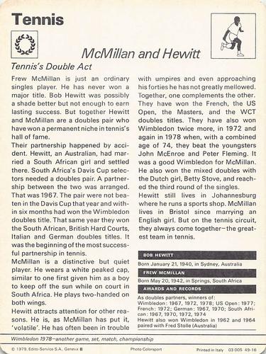 1977-79 Sportscaster Series 49 #49-16 Frew McMillan / Bob Hewitt Back